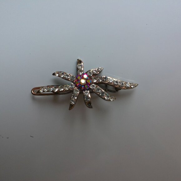 Floral Hair Clip, Gold/silver color, pink and white rhinestone, shiny crystals - Picture 4 of 7